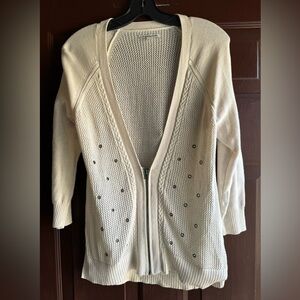 American Eagle Large Cream Zip Up V Neck Grommet 3/4 Sleeve Cardigan Sweater